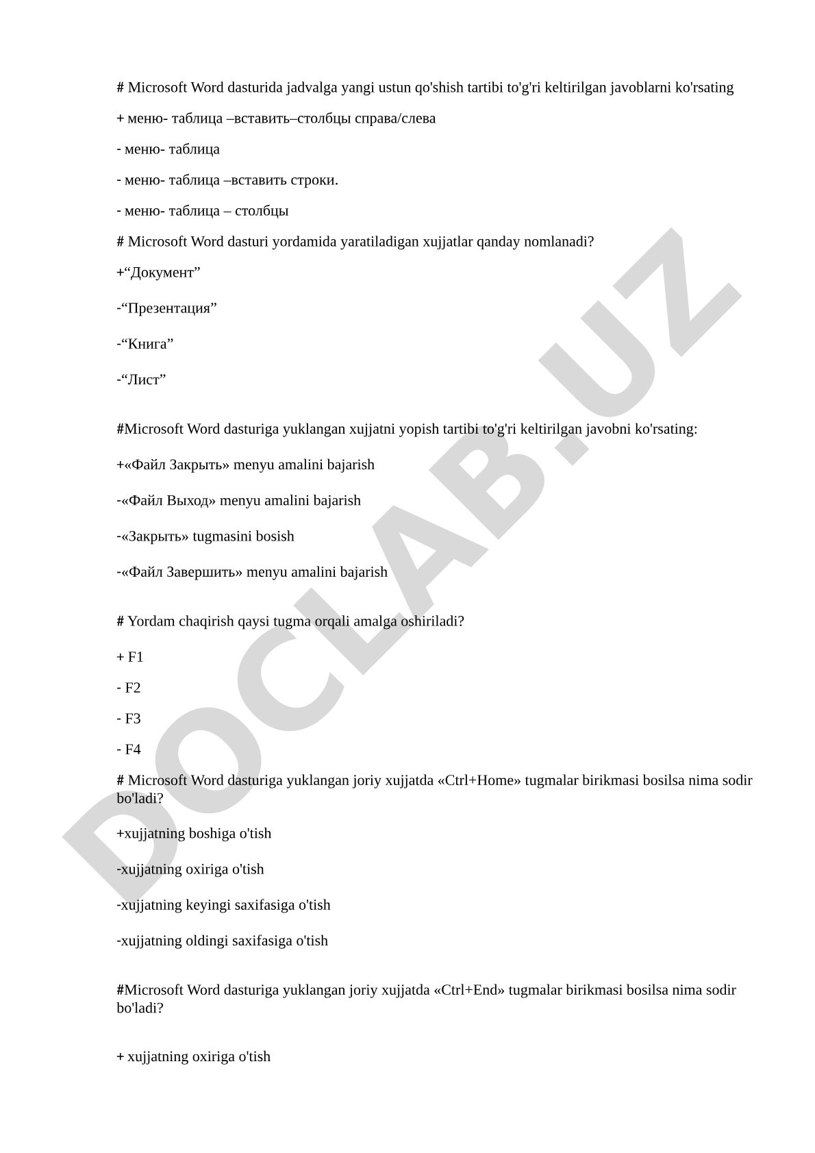 Microsoft Word test savollari