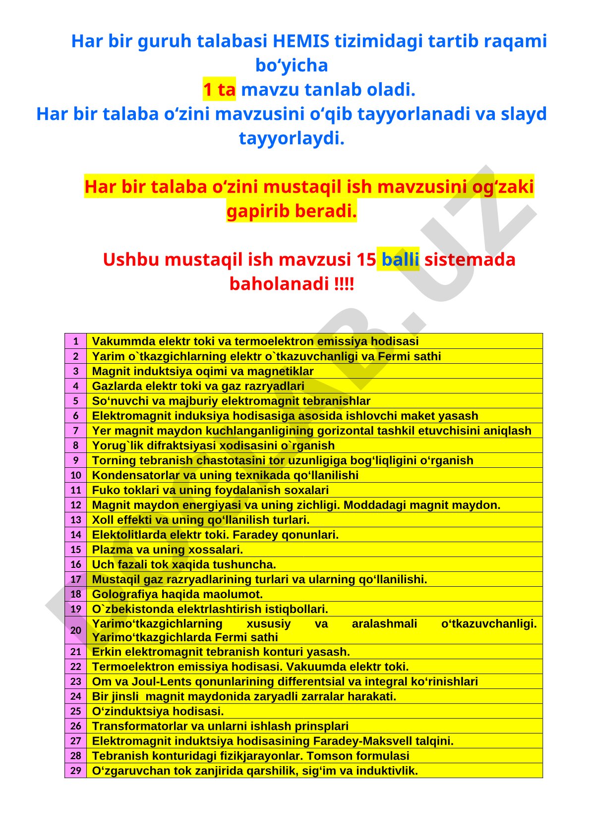 Fizika fanidan mustaqil ish mavzulari