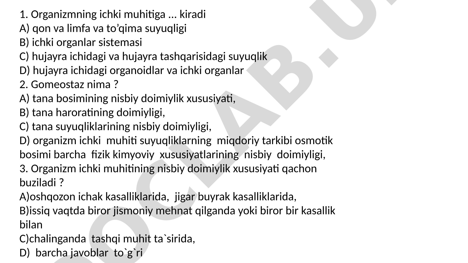 Organizm ichki muhiti, gomeostaz va qon xususiyatlari