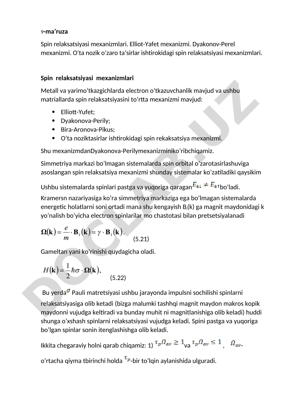 Spin relaksatsiyasi mexanizmlari: Elliott-Yafet, Dyakonov-Perel, Bir-Aronov-Pikus