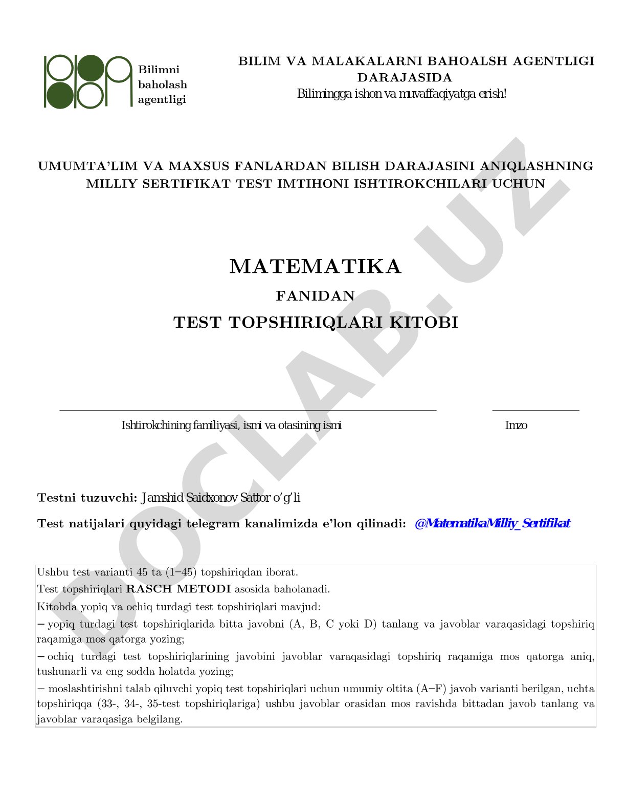Matematika fanidan milliy sertifikat test topshiriqlari