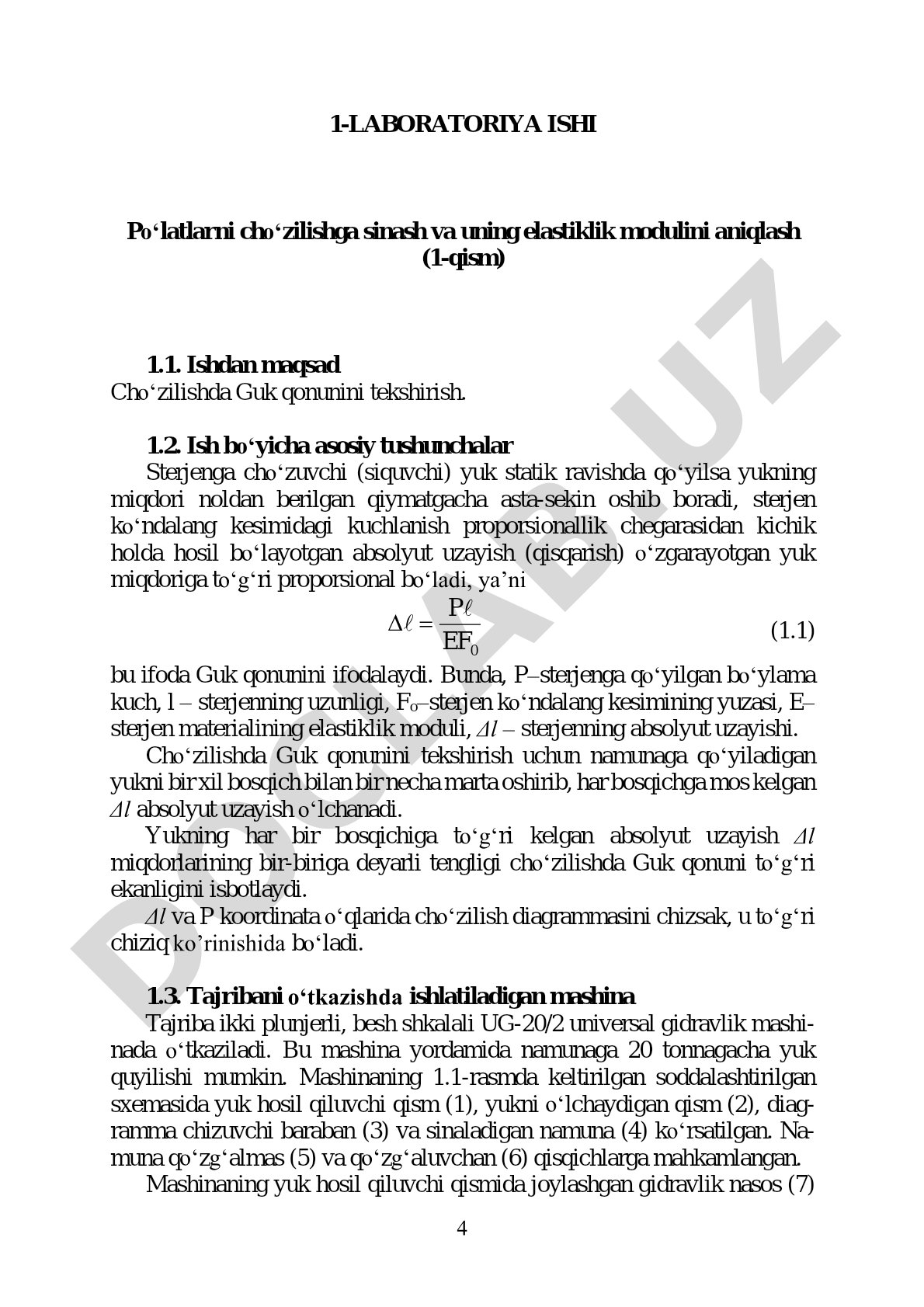 Po‘latlarni cho‘zilishga sinash va uning elastiklik modulini aniqlash