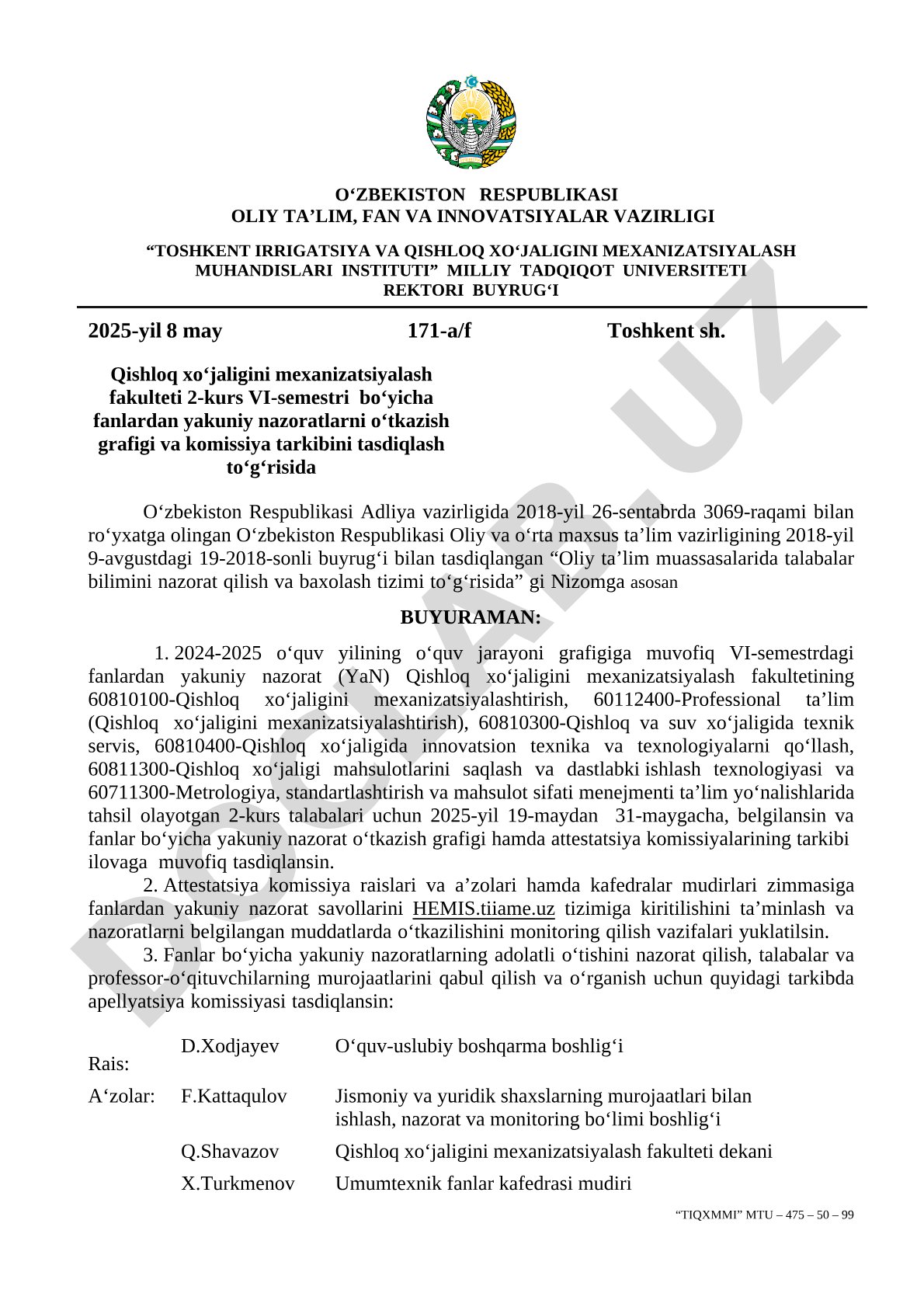 Qishloq xo‘jaligini mexanizatsiyalash fakulteti 2-kurs VI-semestri fanlaridan yakuniy nazoratlar grafigi va komissiya tarkibi