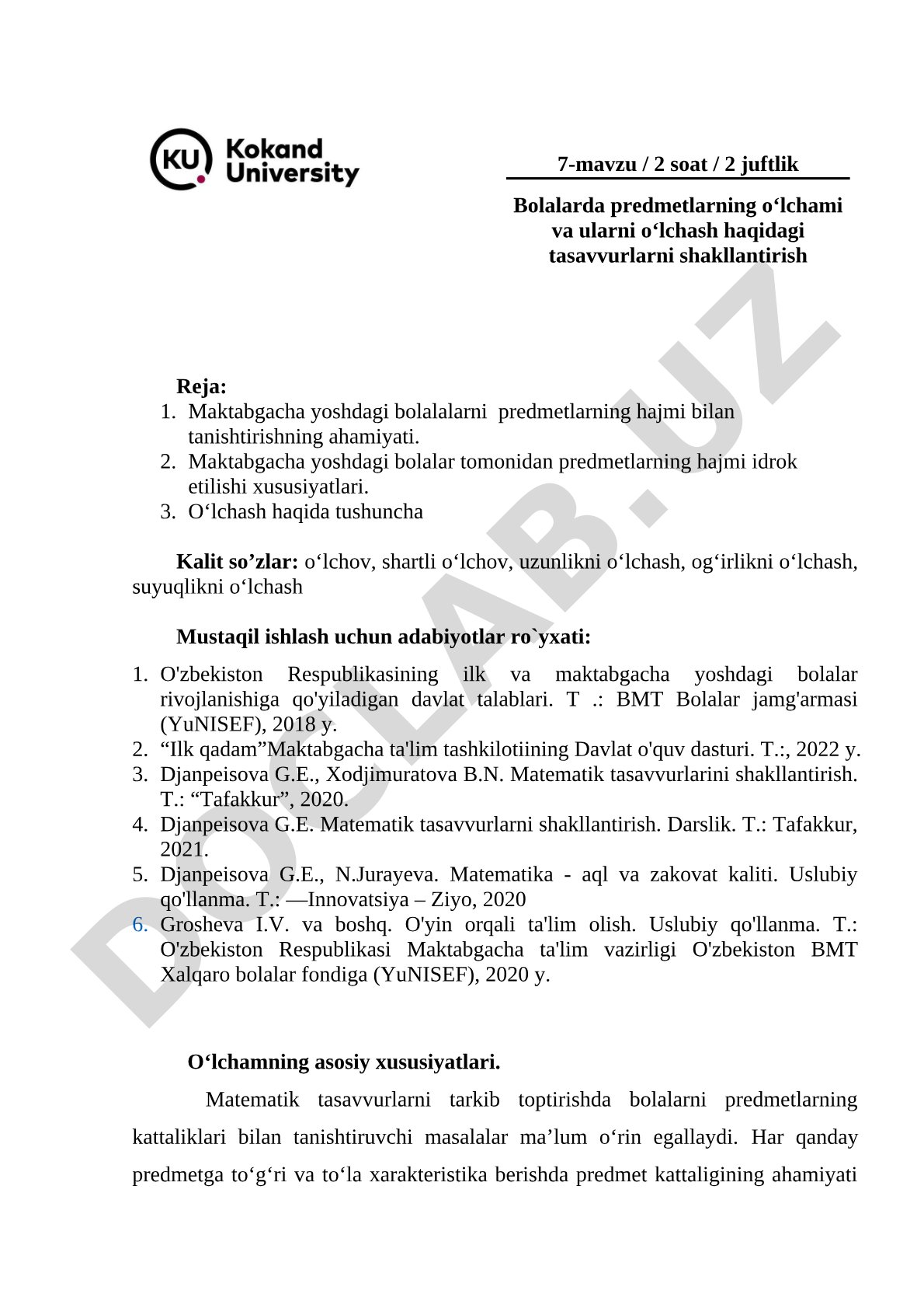 Bolalarda predmetlarning o‘lchami va ularni o‘lchash haqidagi tasavvurlarni shakllantirish