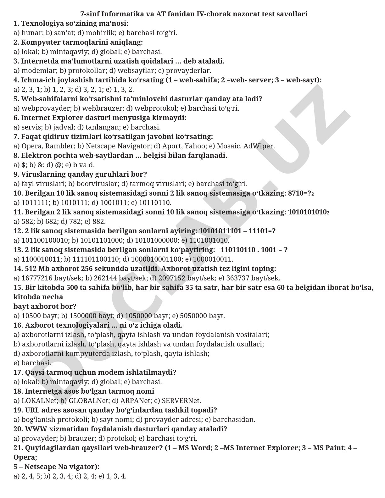 7-sinf Informatika va AT fanidan IV-chorak nazorat test savollari