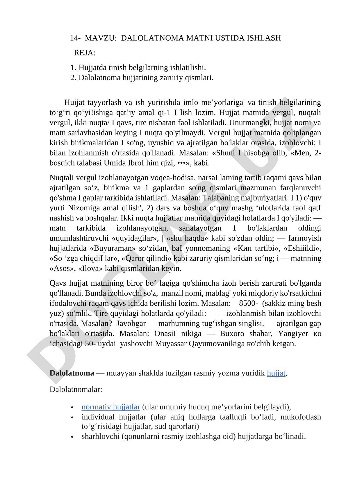 Dalolatnoma matni ustida ishlash