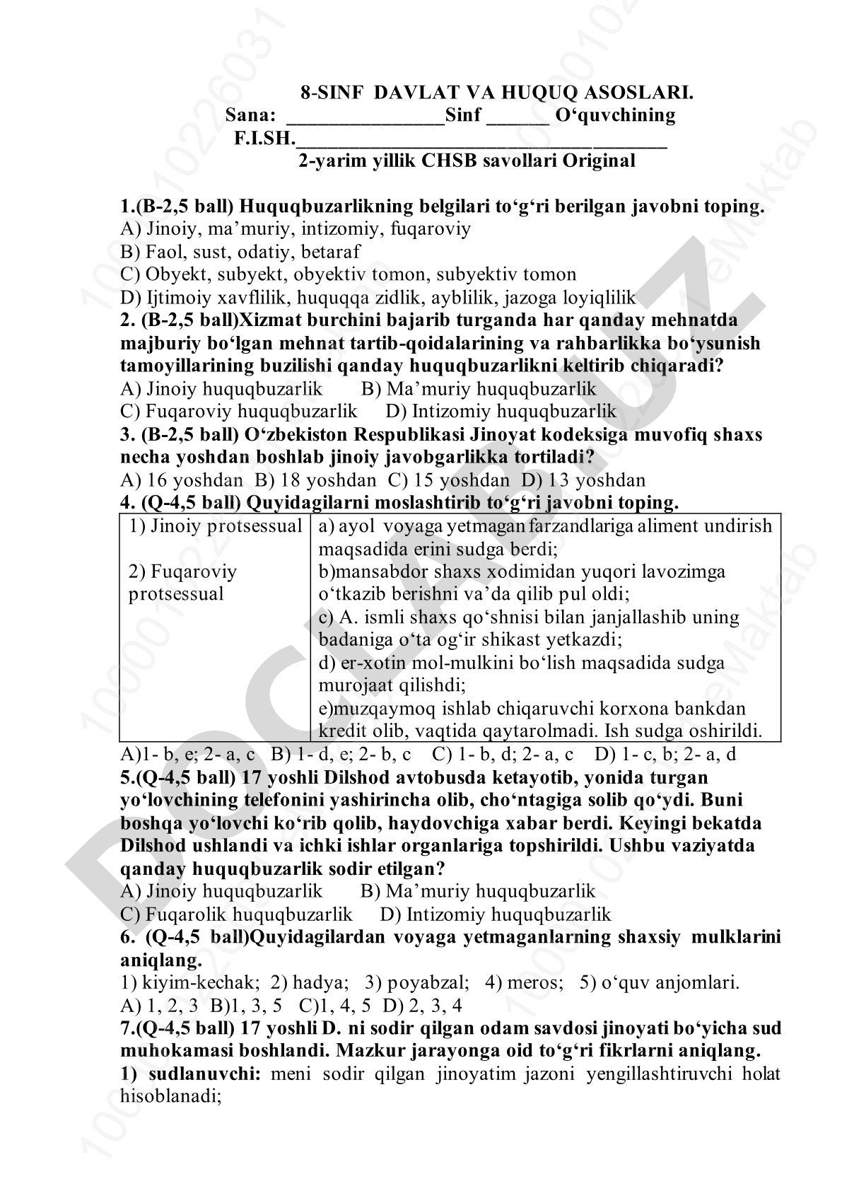 8-sinf Davlat va huquq asoslari 2-yarim yillik CHSB savollari