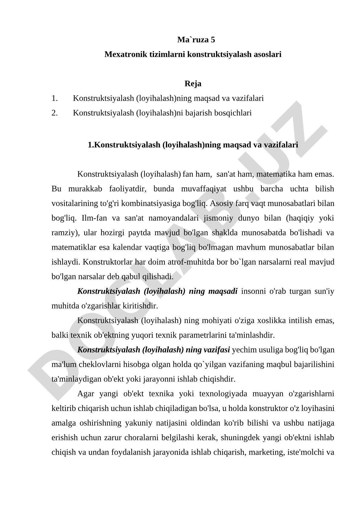 Mexatronik tizimlarni konstruktsiyalash asoslari