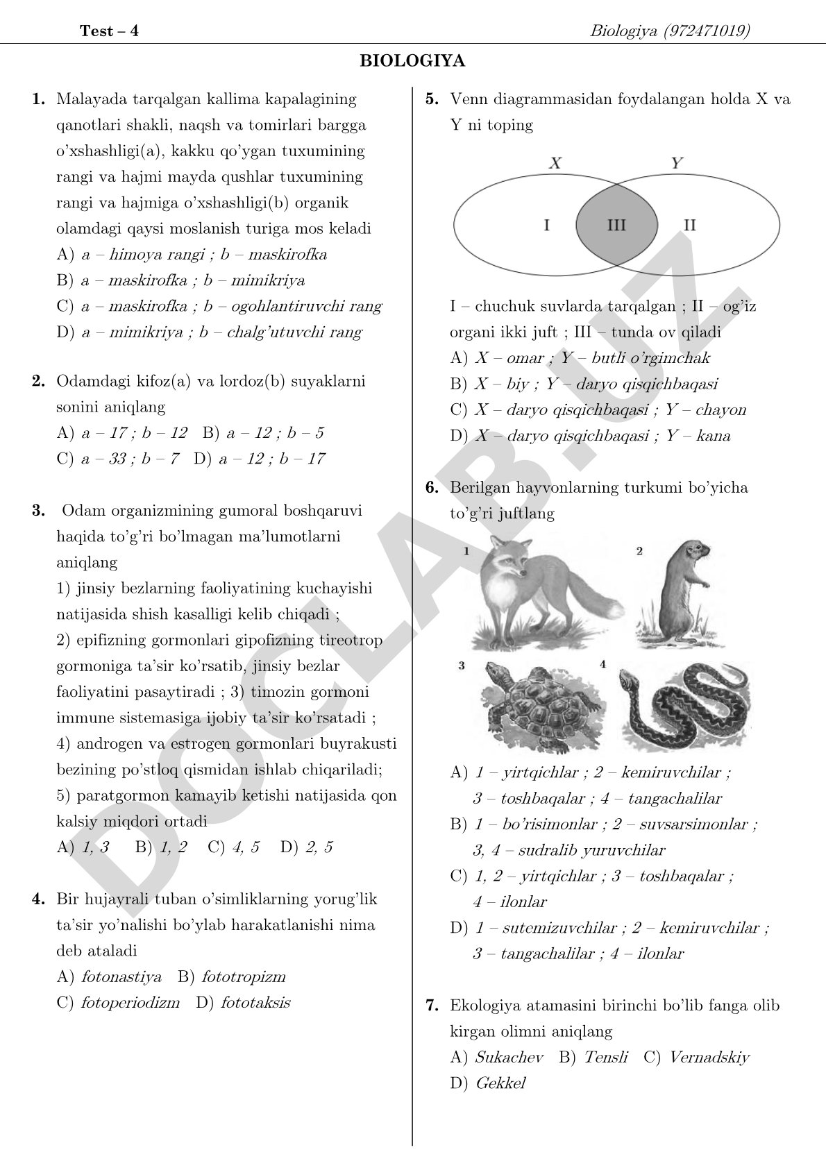 Biologiya testi: moslanish turlari, suyaklar va gumoral boshqaruv