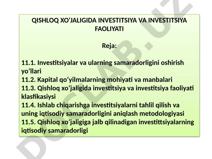Qishloq xo‘jaligida investitsiya va investitsiya faoliyati