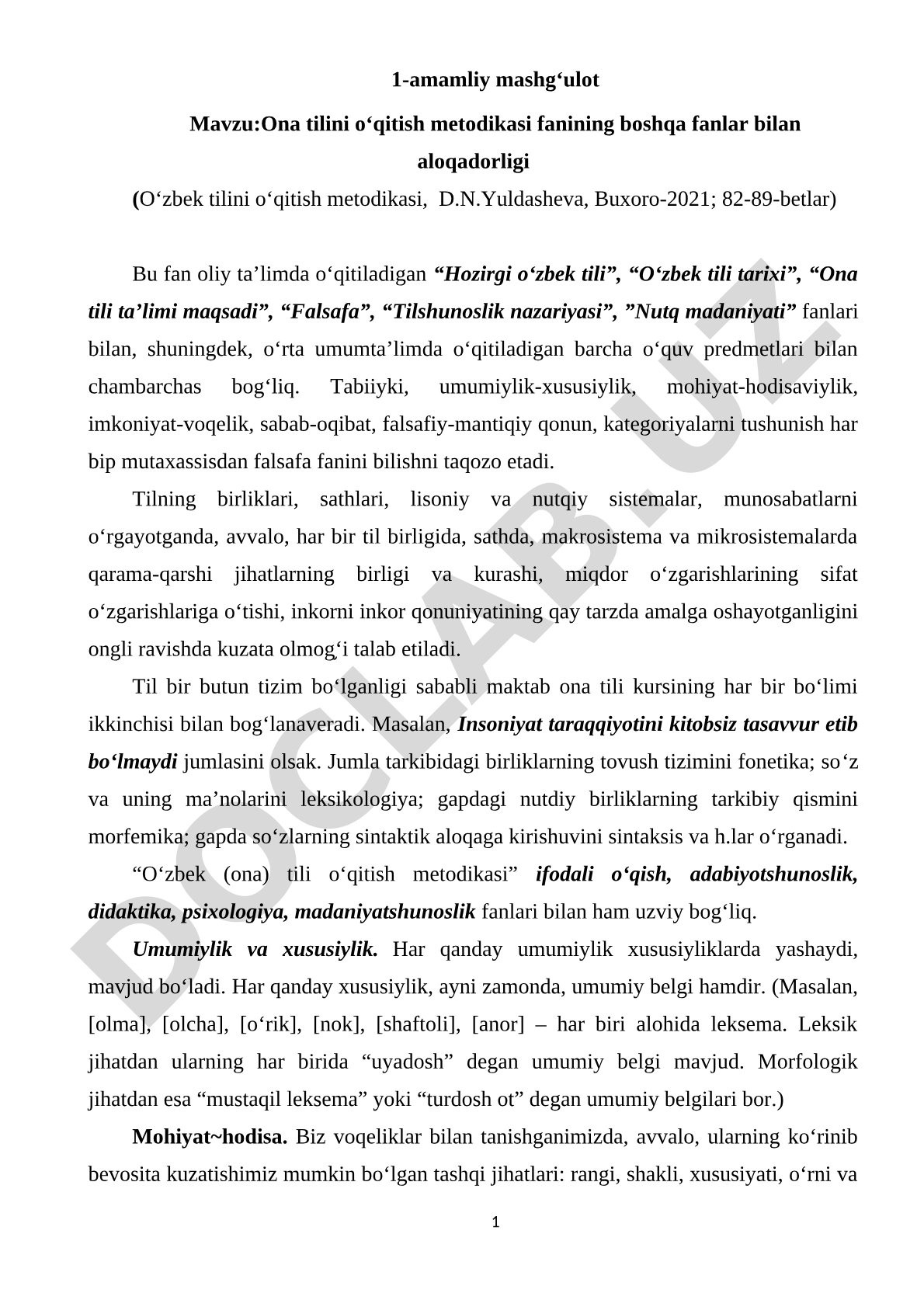 Ona tilini o'qitish metodikasi fanining boshqa fanlar bilan aloqadorligi