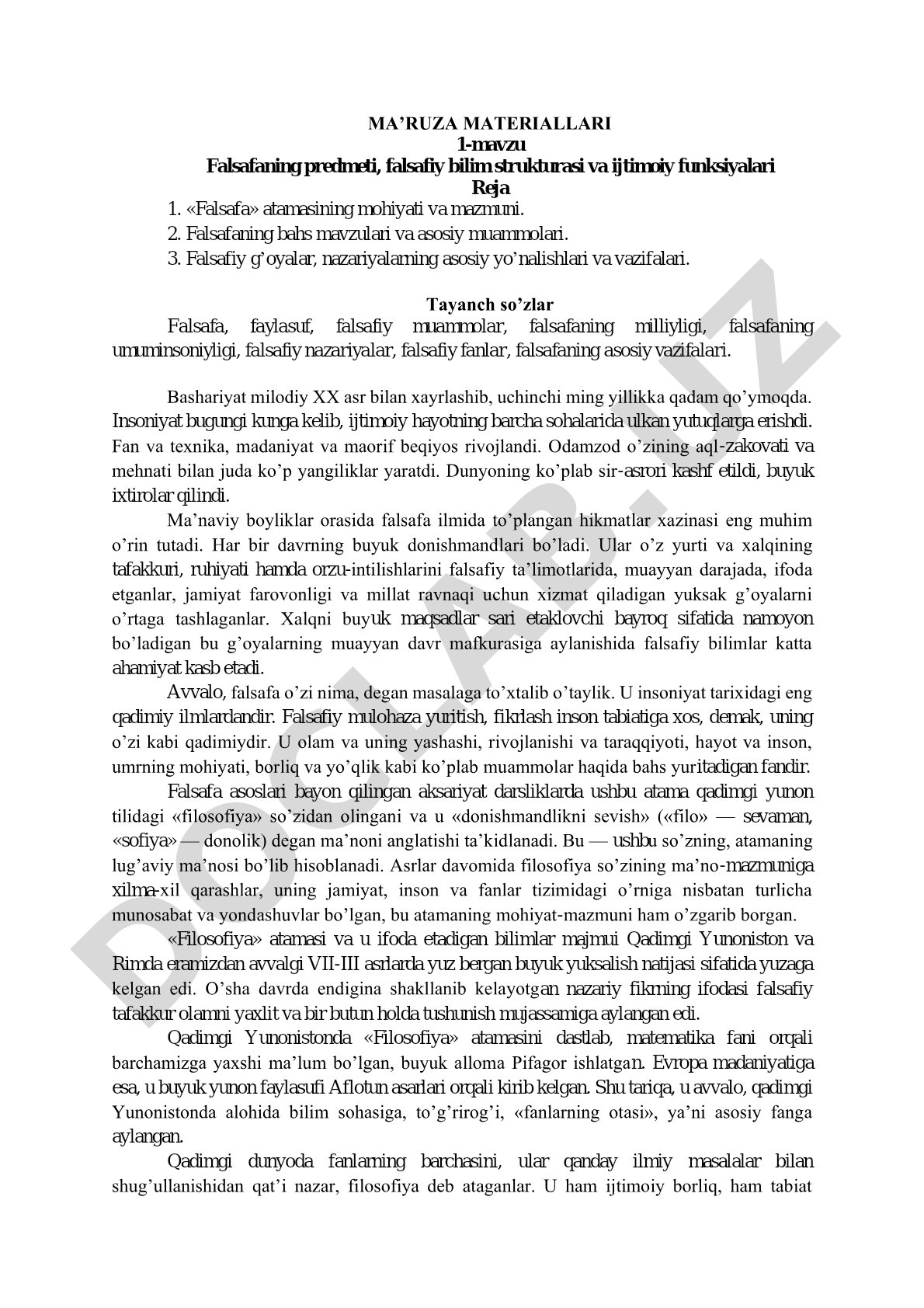 Falsafaning predmeti, falsafiy bilim strukturasi va ijtimoiy funksiyalari