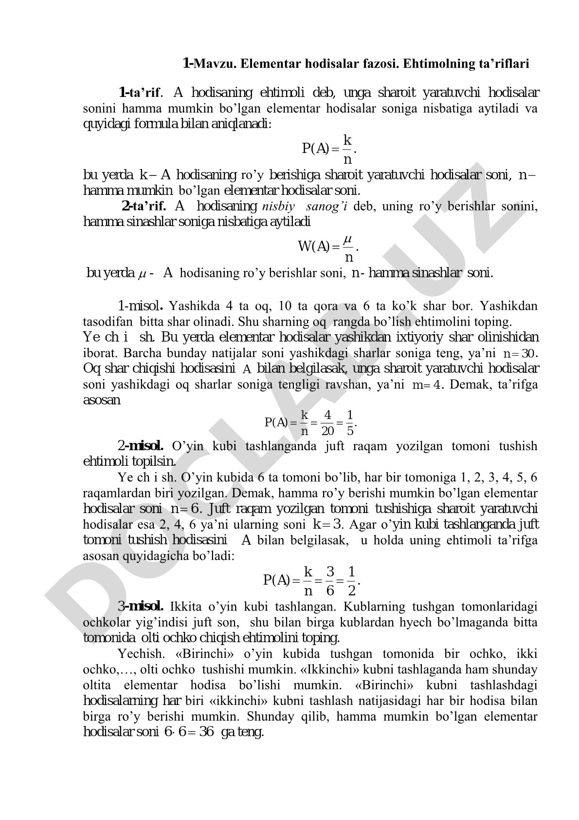 Elementar hodisalar fazosi. Ehtimolning ta'riflari