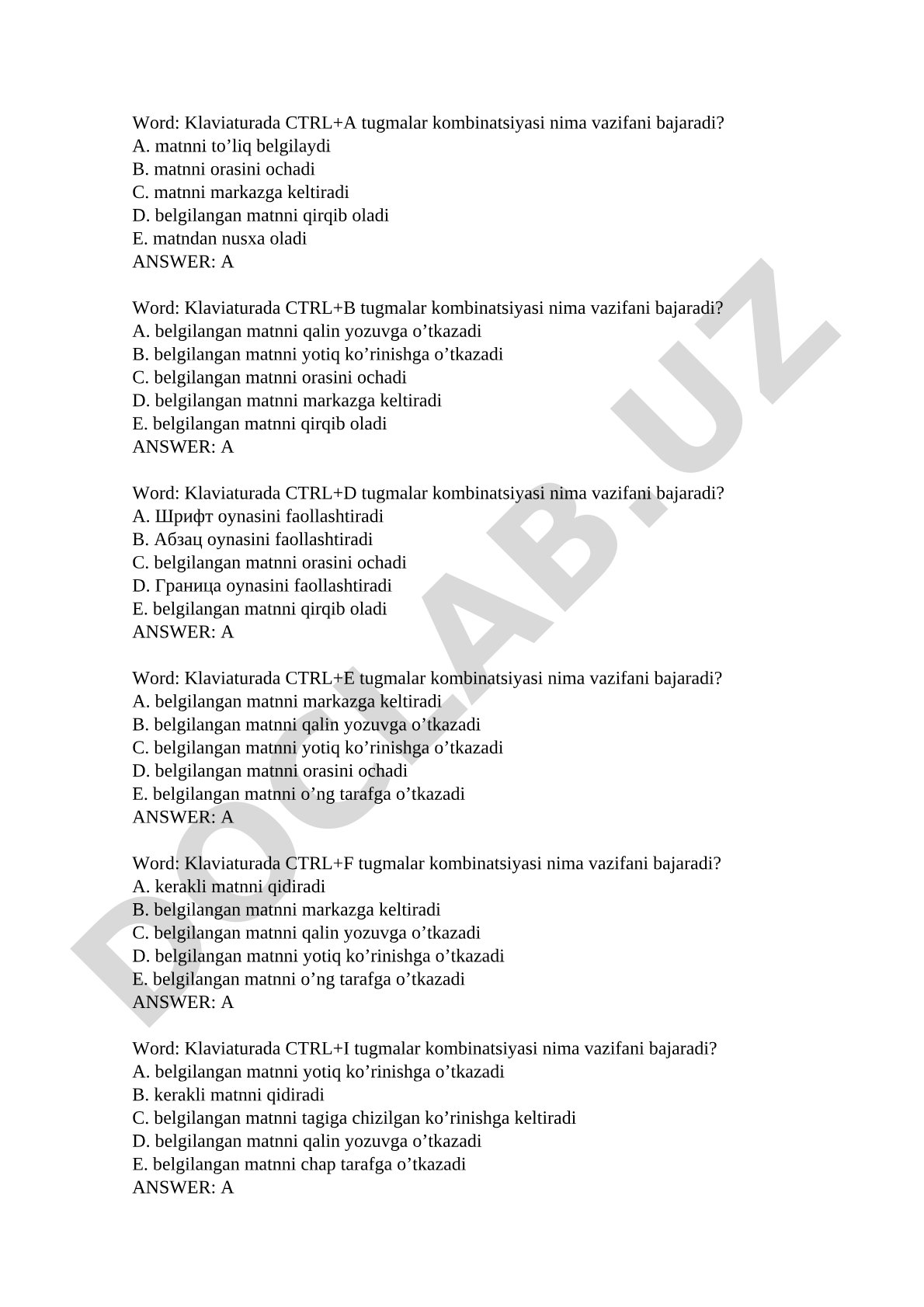 MS Word klaviatura tugmalari bo'yicha test savollari
