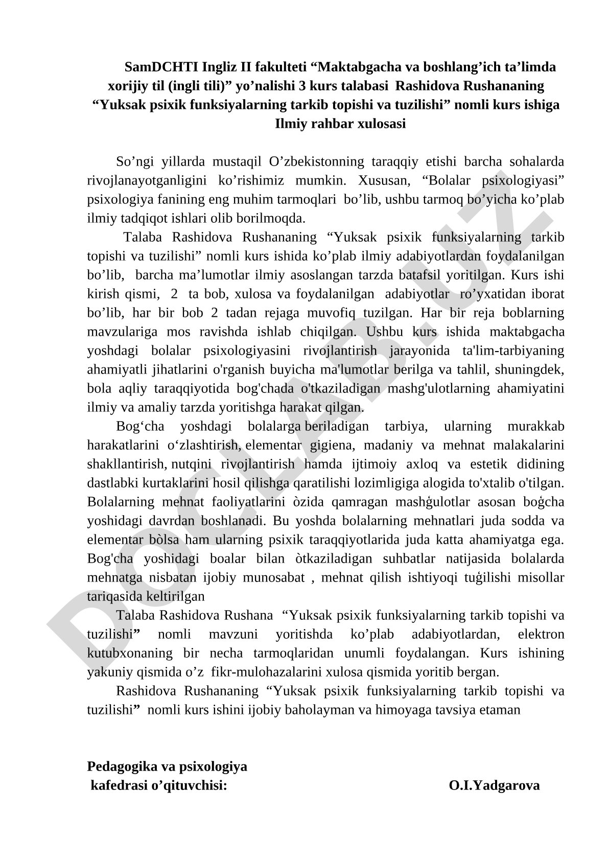 Yuksak psixik funksiyalarning tarkib topishi va tuzilishi