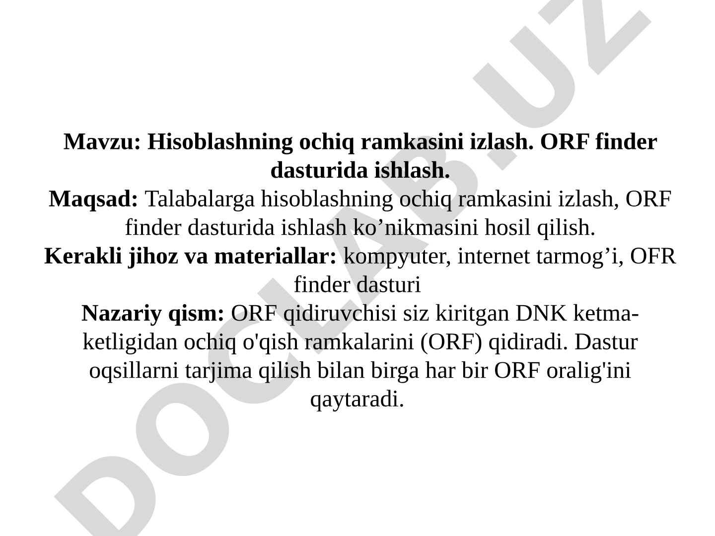 Hisoblashning ochiq ramkasini izlash. ORF finder dasturida ishlash.