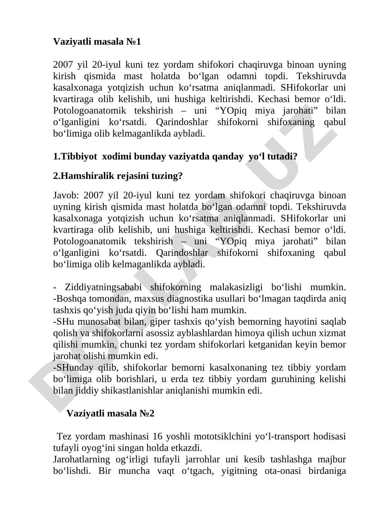 Mast bemor kasalxonaga yotqizilmagan, kechasi yopiq miya jarohatidan vafot etgan