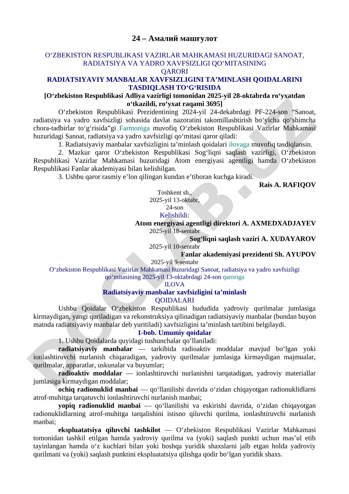 Radiatsiyaviy manbalar xavfsizligini taʼminlash qoidalarini tasdiqlash