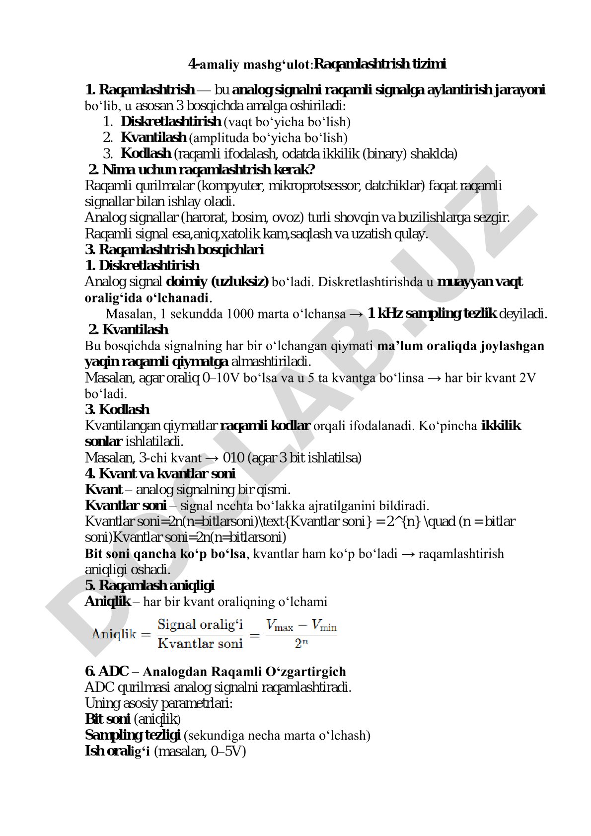Analog signalni raqamli signalga aylantirish bosqichlari tushuntirilgan