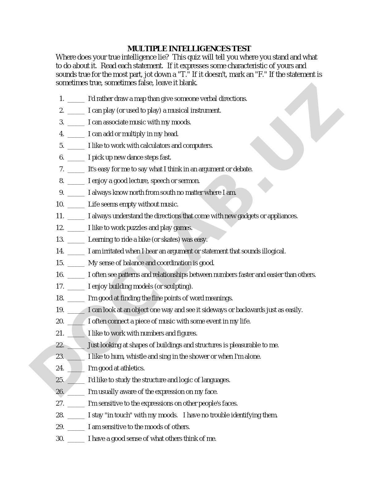 Multiple Intelligences Test