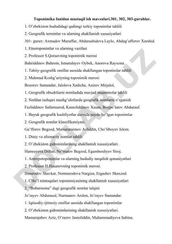 Toponimika fanidan mustaqil ish mavzulari