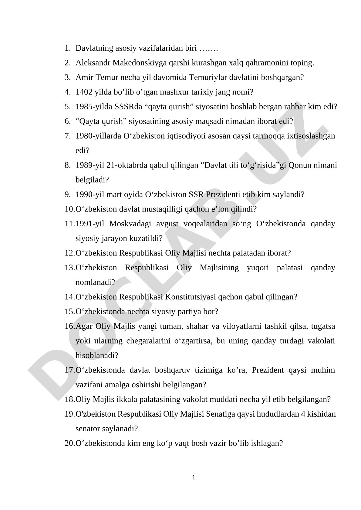 Davlatning asosiy vazifalari va tarixiy savollar