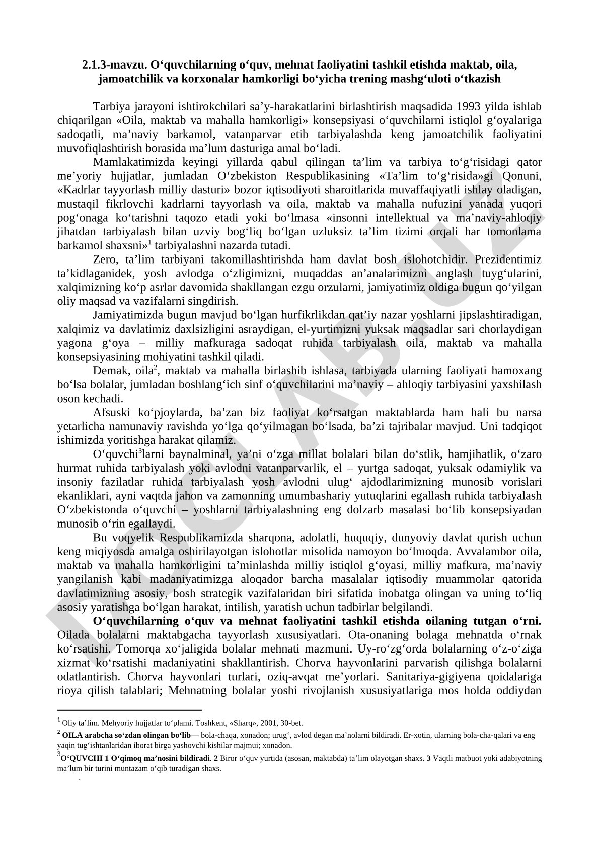 O‘quvchilarning o‘quv, mehnat faoliyatini tashkil etishda maktab, oila, jamoatchilik va korxonalar hamkorligi bo‘yicha trening mashg‘uloti o‘tkazish
