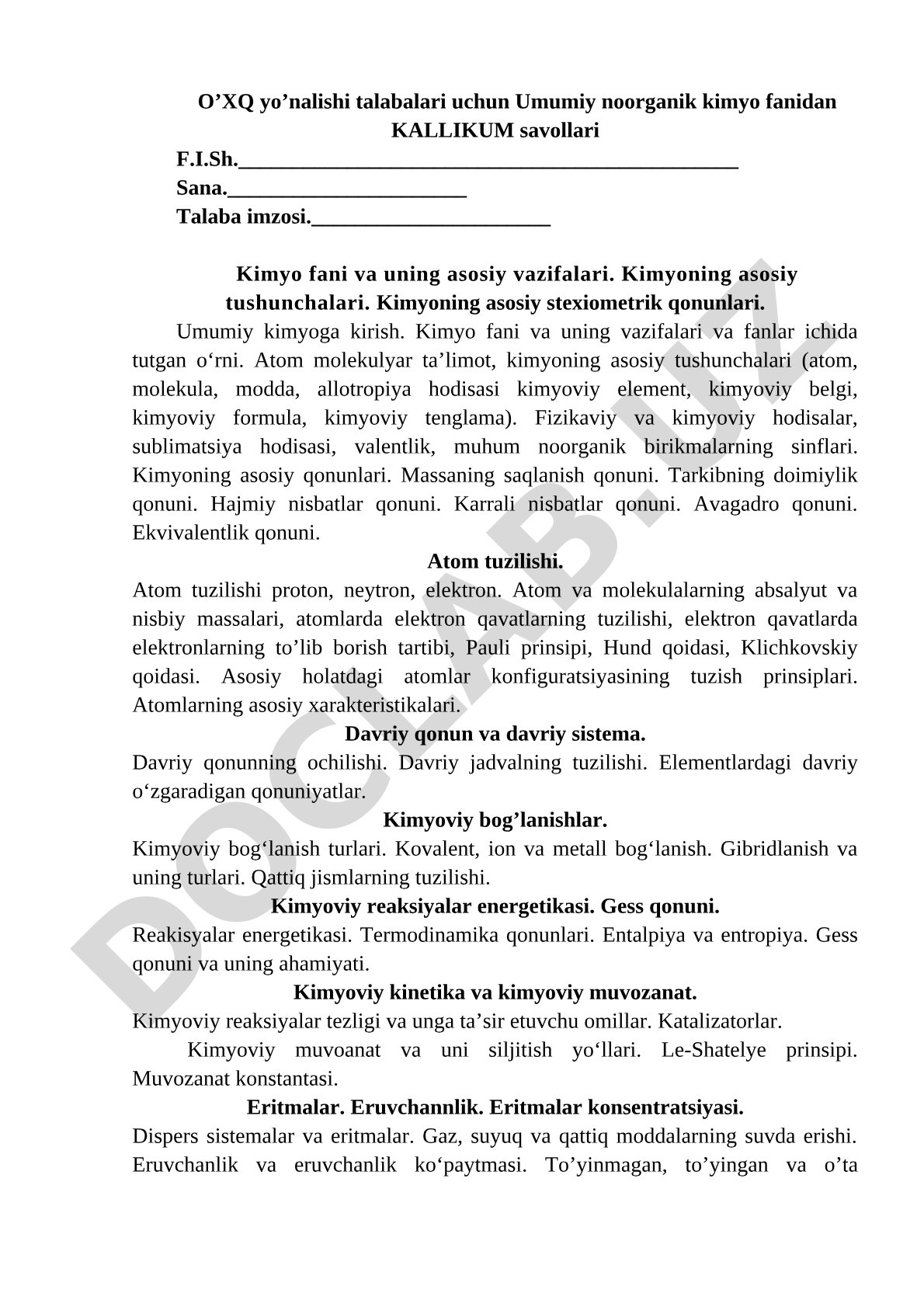 Umumiy noorganik kimyo fanidan kollokvium savollari
