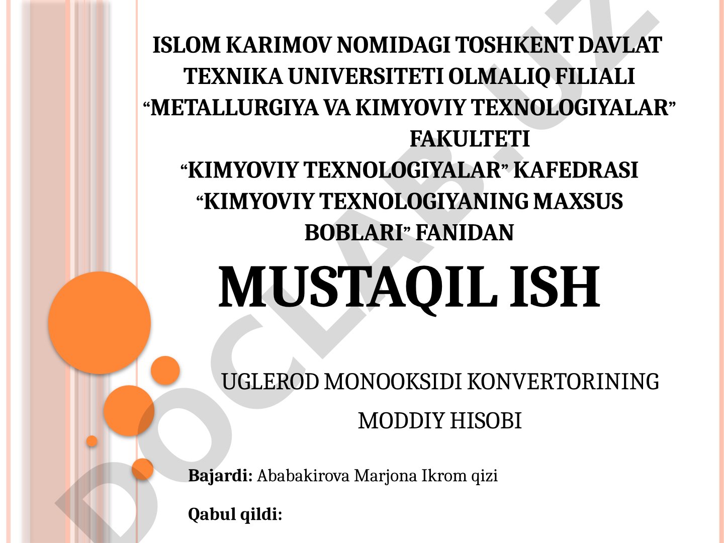 Uglerod monooksidi konvertorining moddiy hisobi