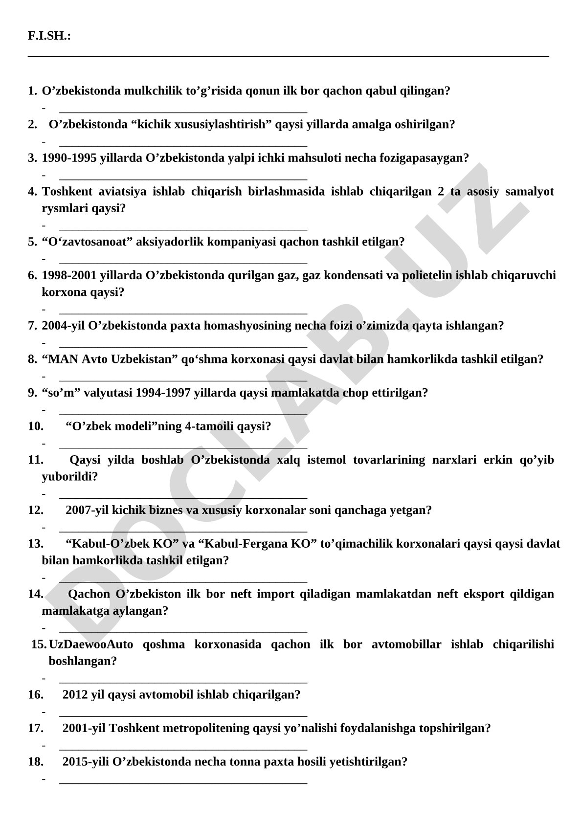 O'zbekistonda mulkchilik, xususiylashtirish va iqtisodiyot bo'yicha test savollari