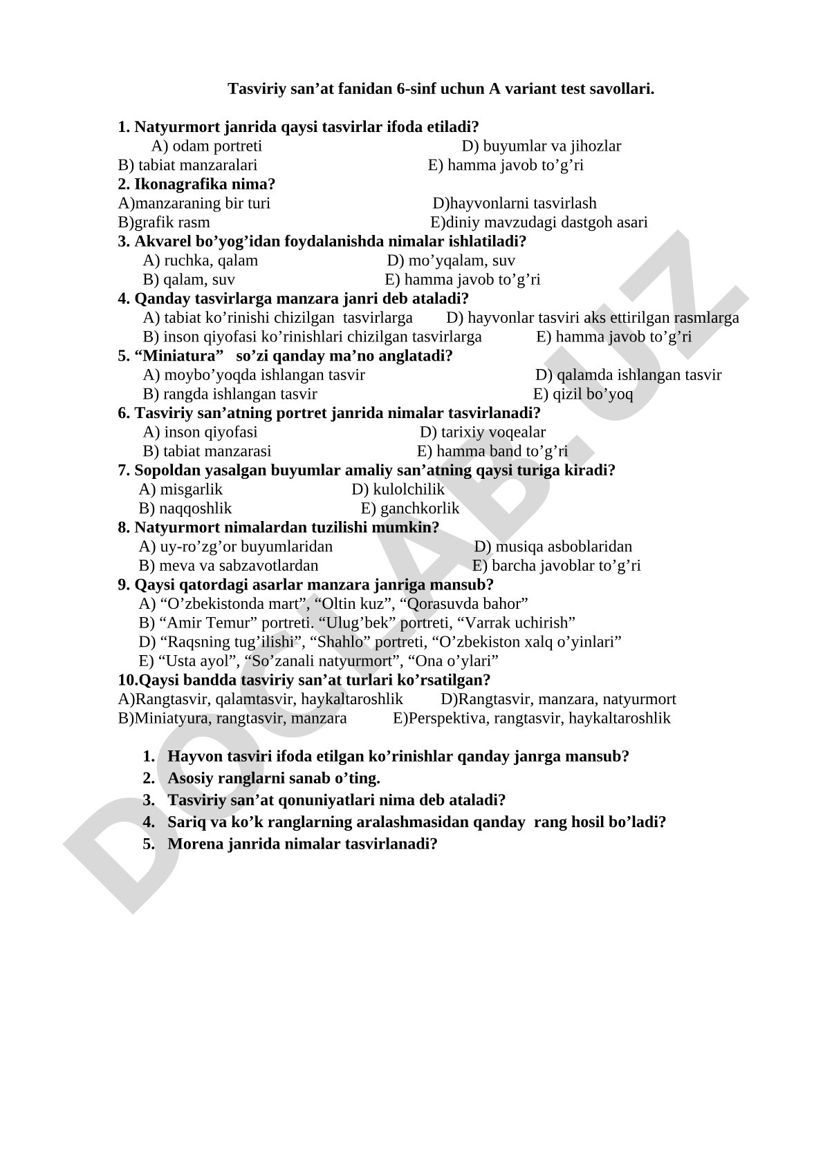 Tasviriy san’at fanidan 6-sinf uchun A variant test savollari