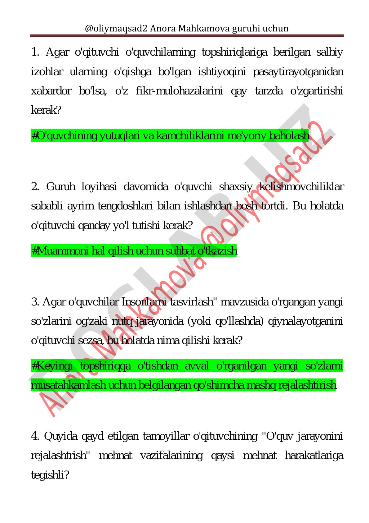 Pedagogik vaziyatlar bo'yicha savollar