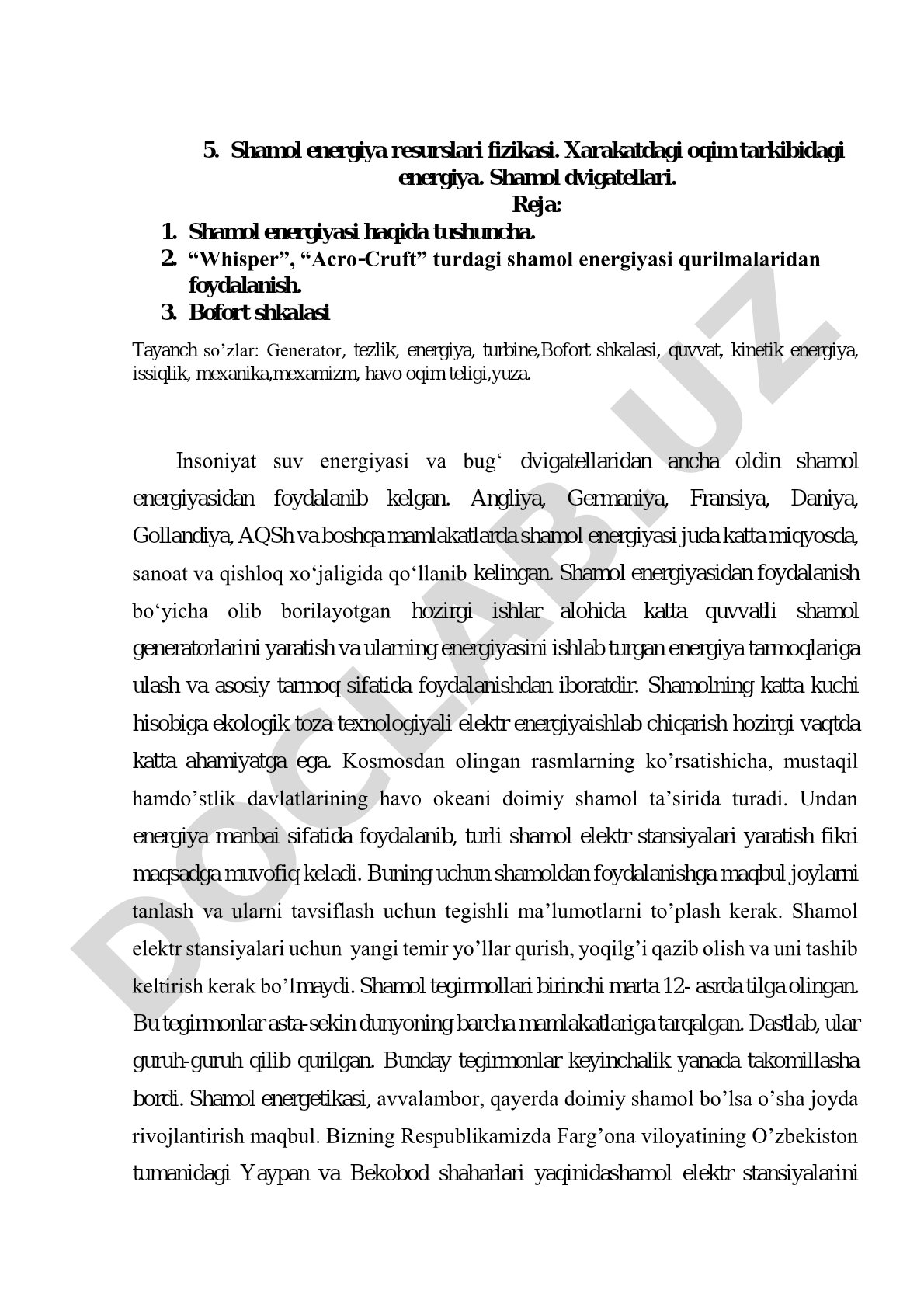 Shamol energiya resurslari fizikasi. Xarakatdagi oqim tarkibidagi energiya. Shamol dvigatellari.
