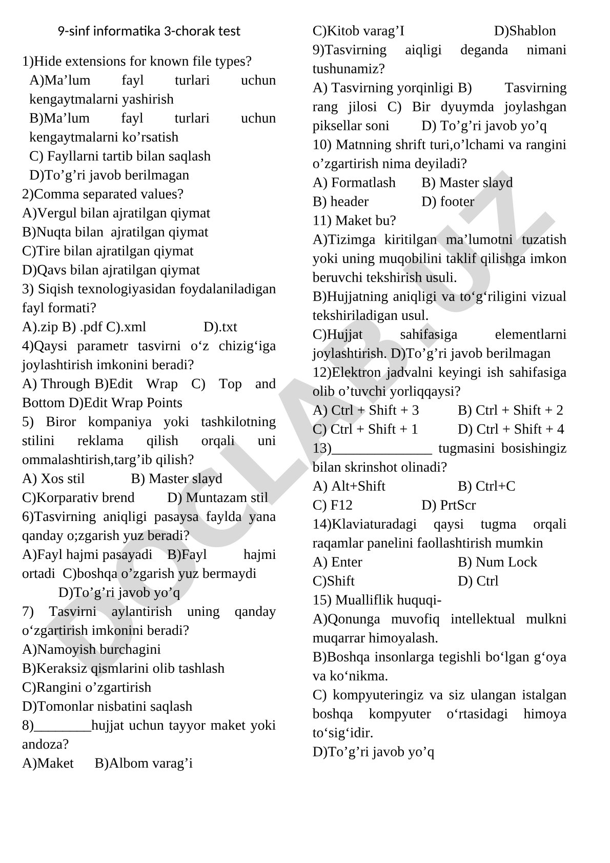 9-sinf informatika 3-chorak test