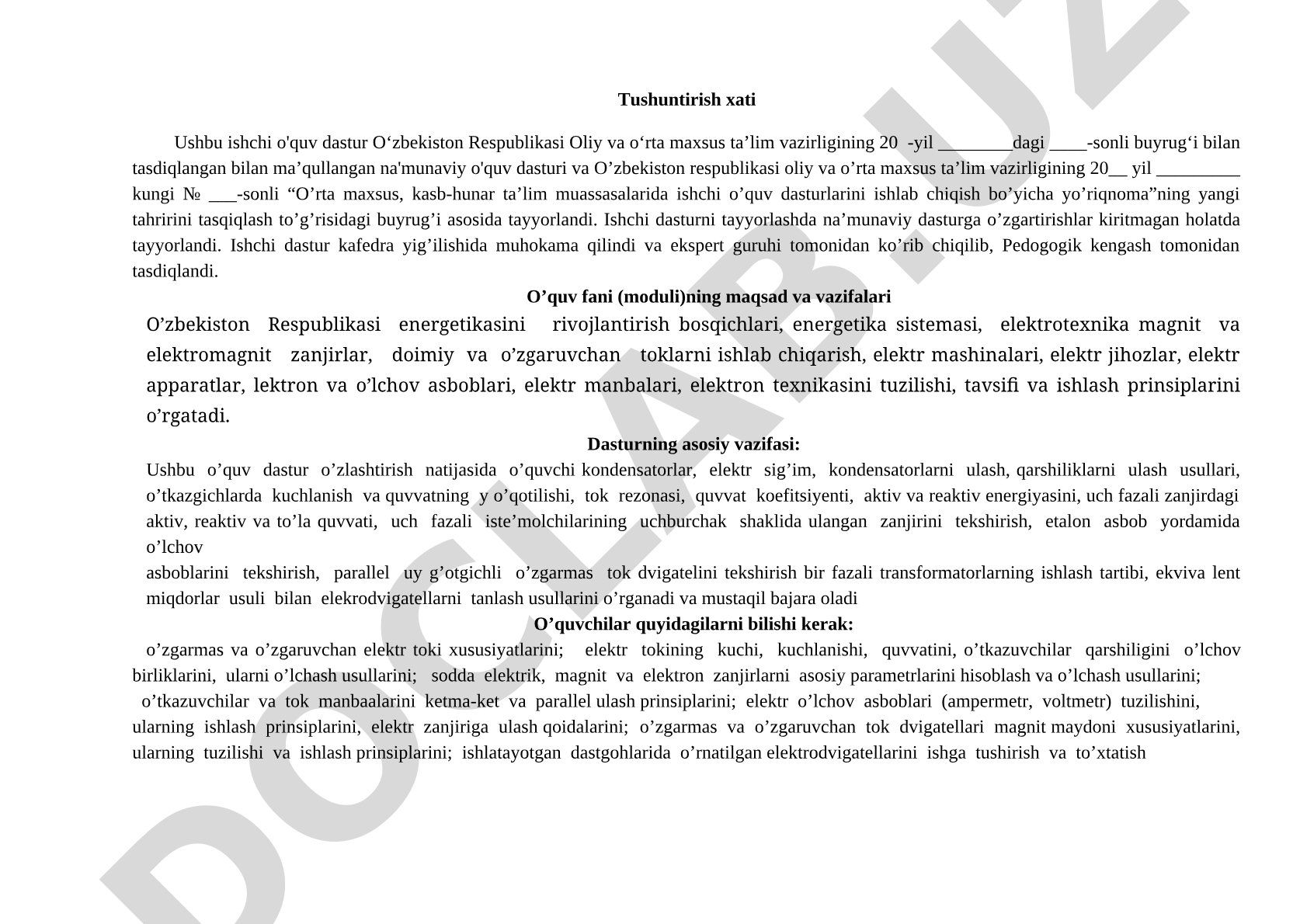 Energetika va elektrotexnika fanidan ishchi o'quv dasturi
