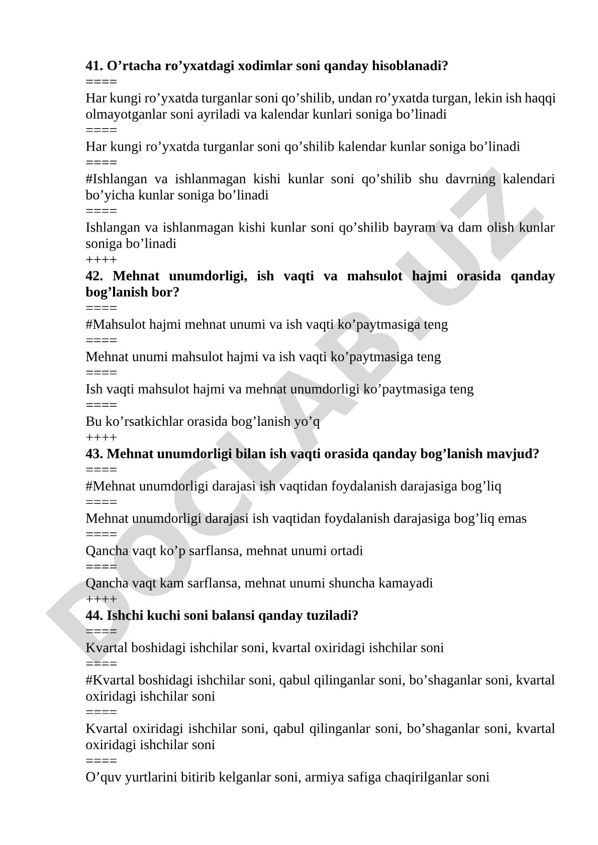Mehnat statistikasi bo'yicha test savollari