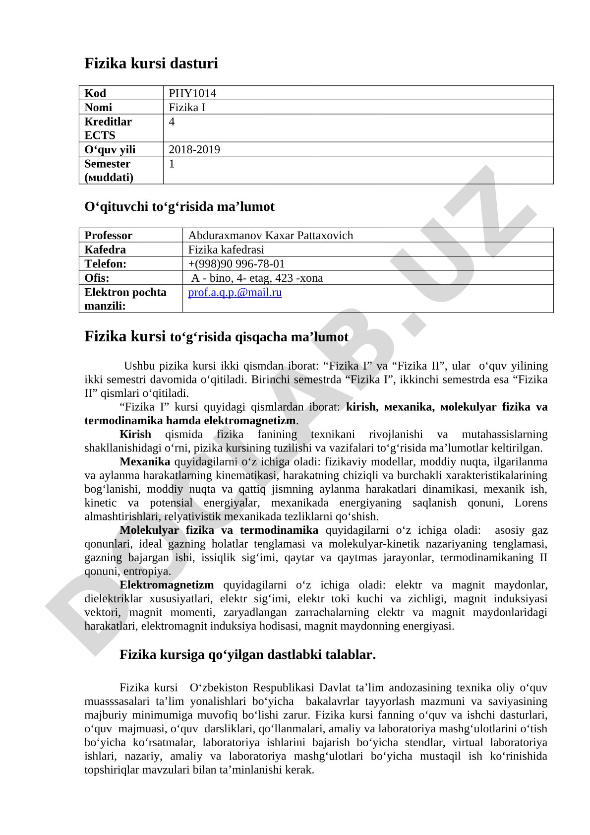 Fizika I kursi dasturi: Mexanika, molekulyar fizika, termodinamika va elektromagnetizm