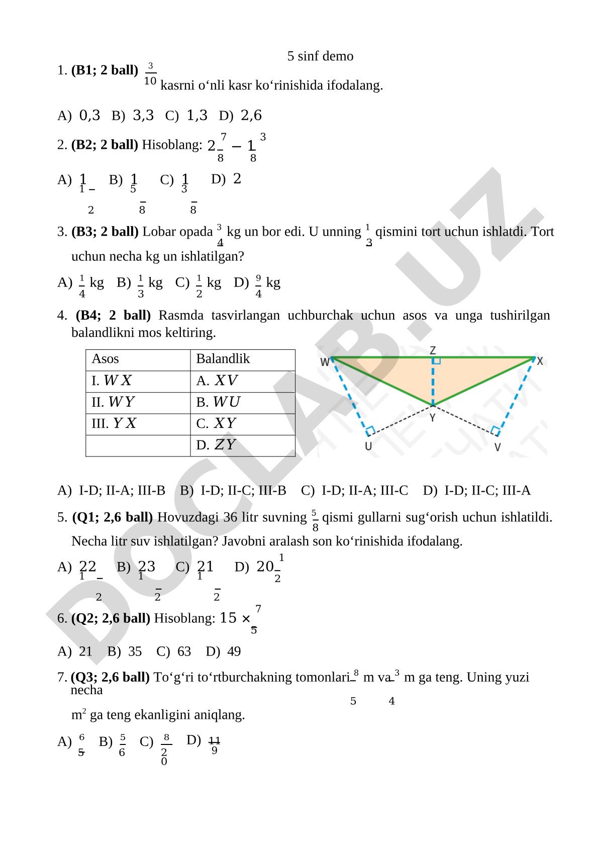 5-sinf matematika kasrlar va geometriya testi
