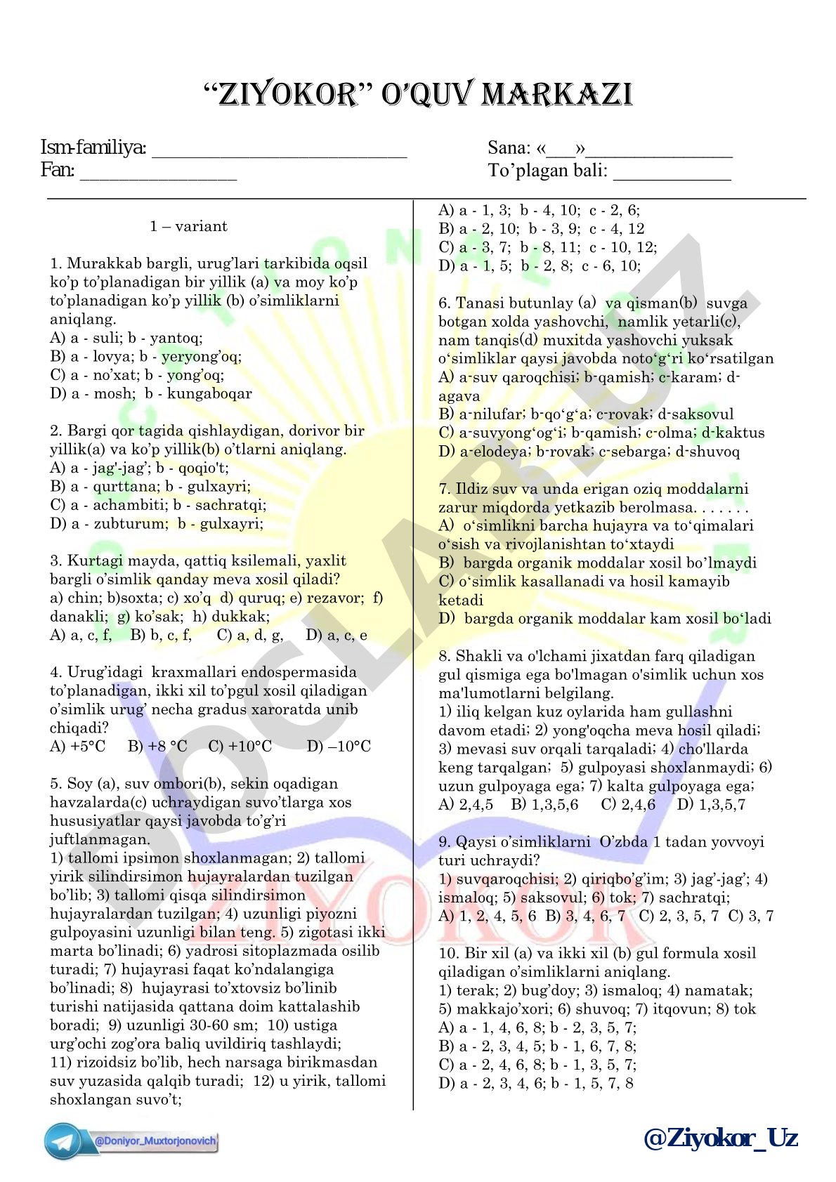 O'simliklar tuzilishi va xususiyatlari bo'yicha test