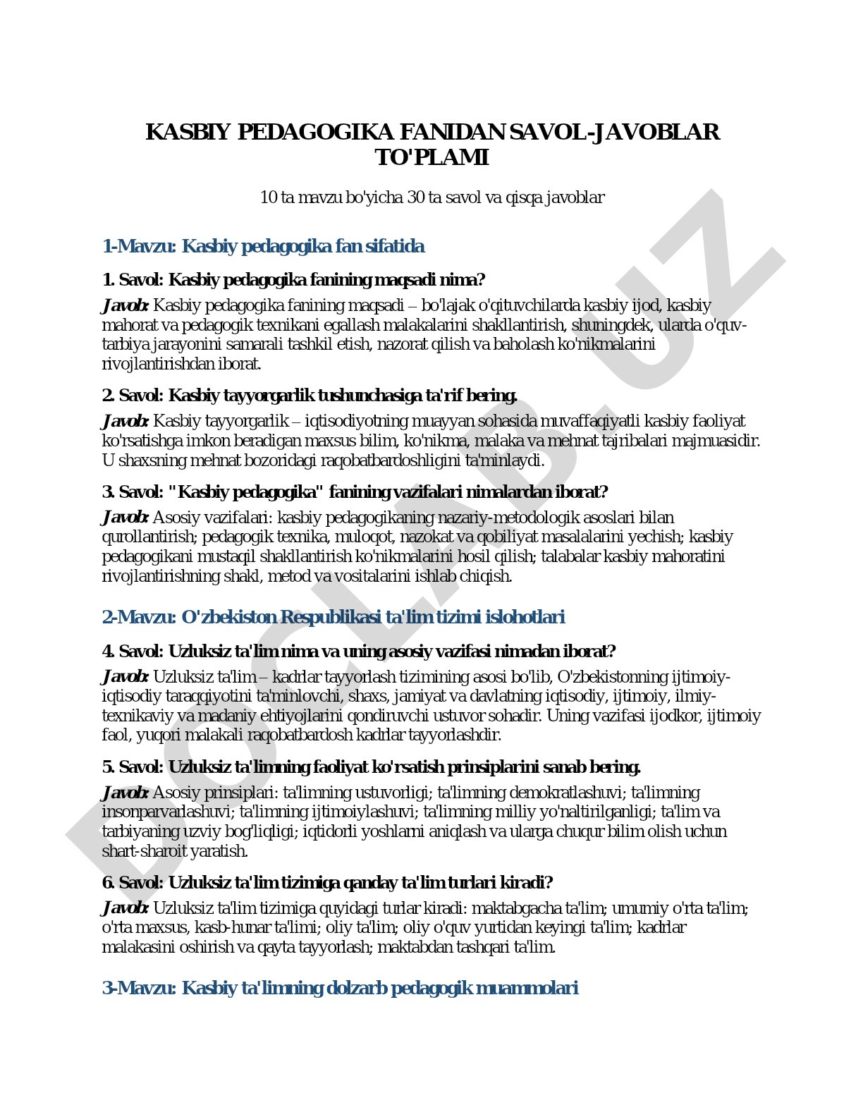 Kasbiy pedagogika fanidan savol-javoblar to'plami