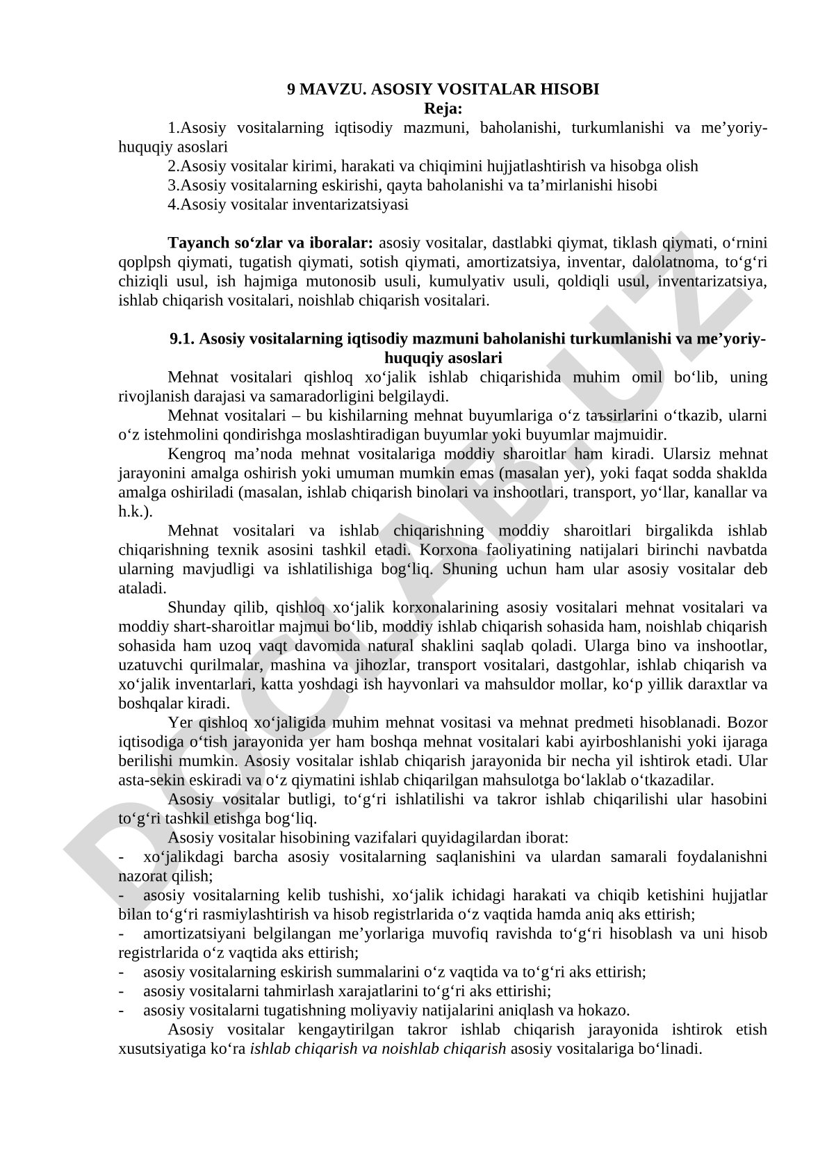 Asosiy vositalarning hisobi, baholanishi, eskirishi va inventarizatsiyasi