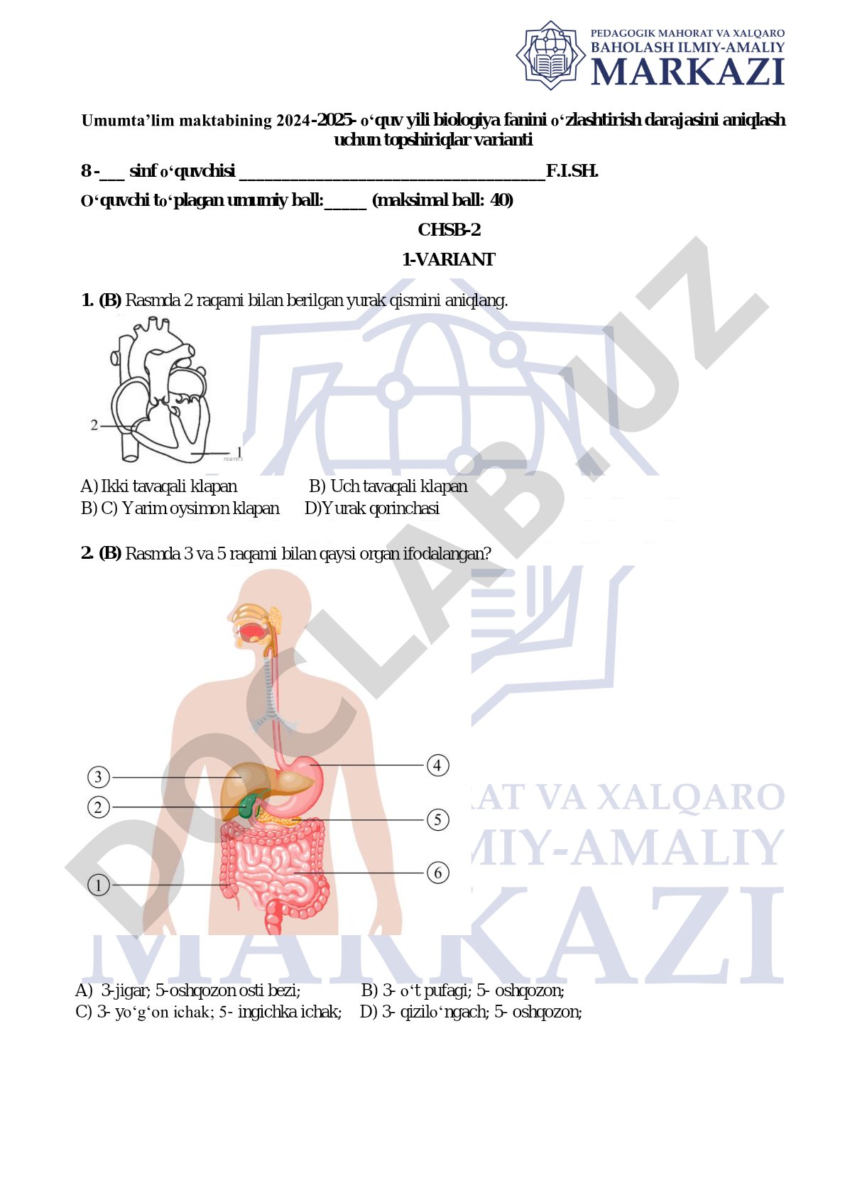 8-sinf biologiya CHSB-2 1-variant test topshiriqlari