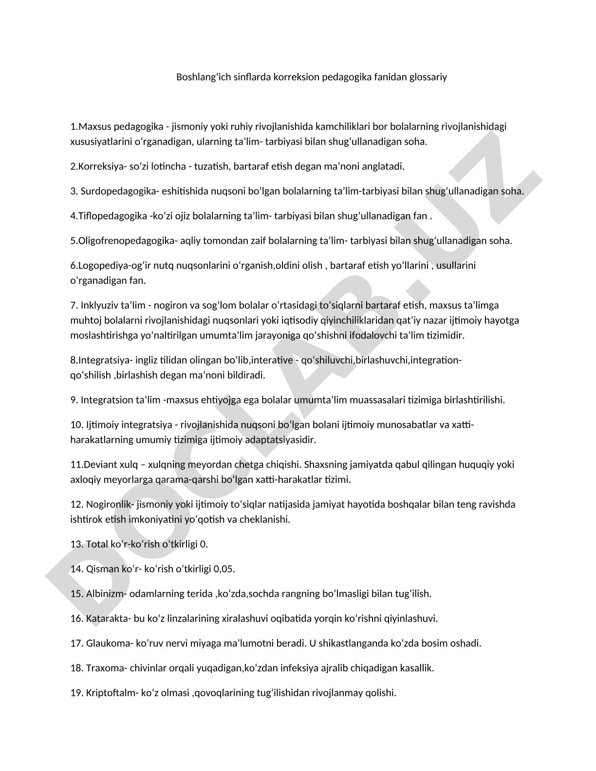 Boshlangʻich sinflarda korreksion pedagogika fanidan glossariy