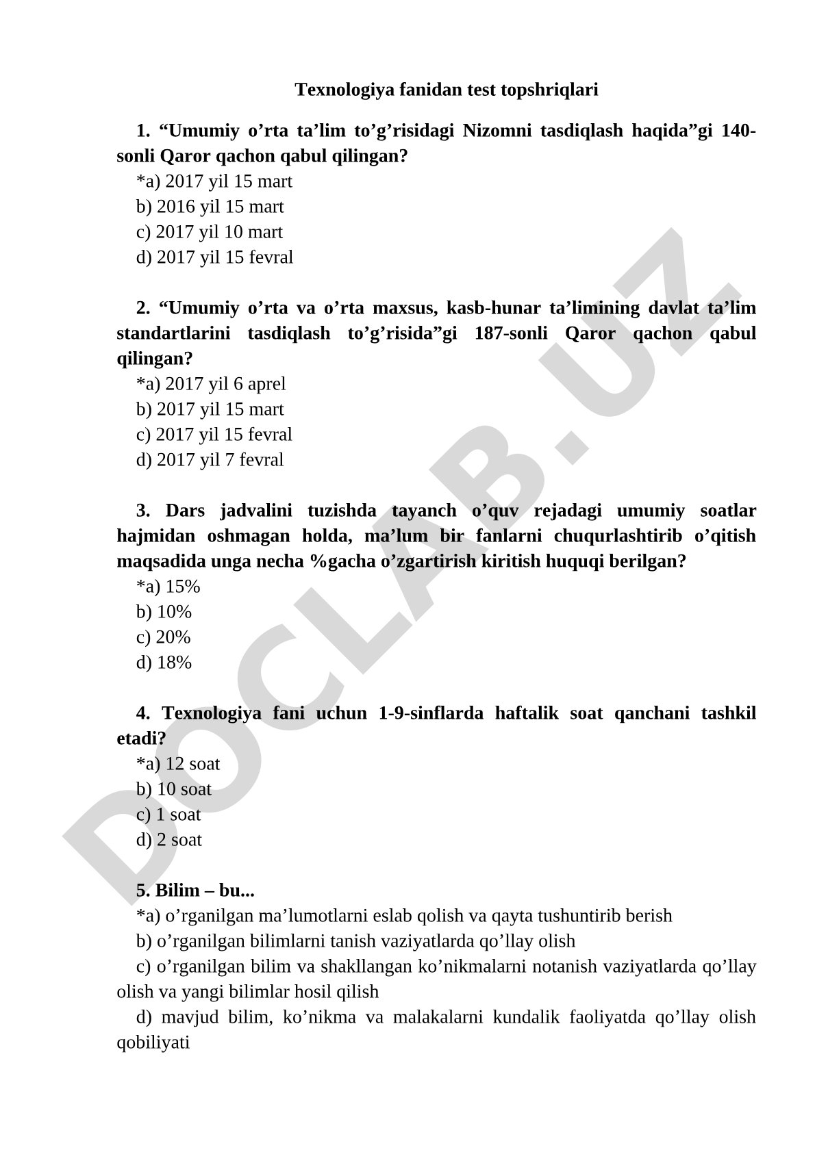 Texnologiya fanidan test topshiriqlari