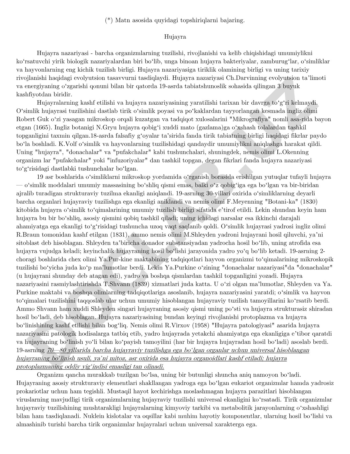 Hujayra nazariyasi va uning kashf etilishi tarixi