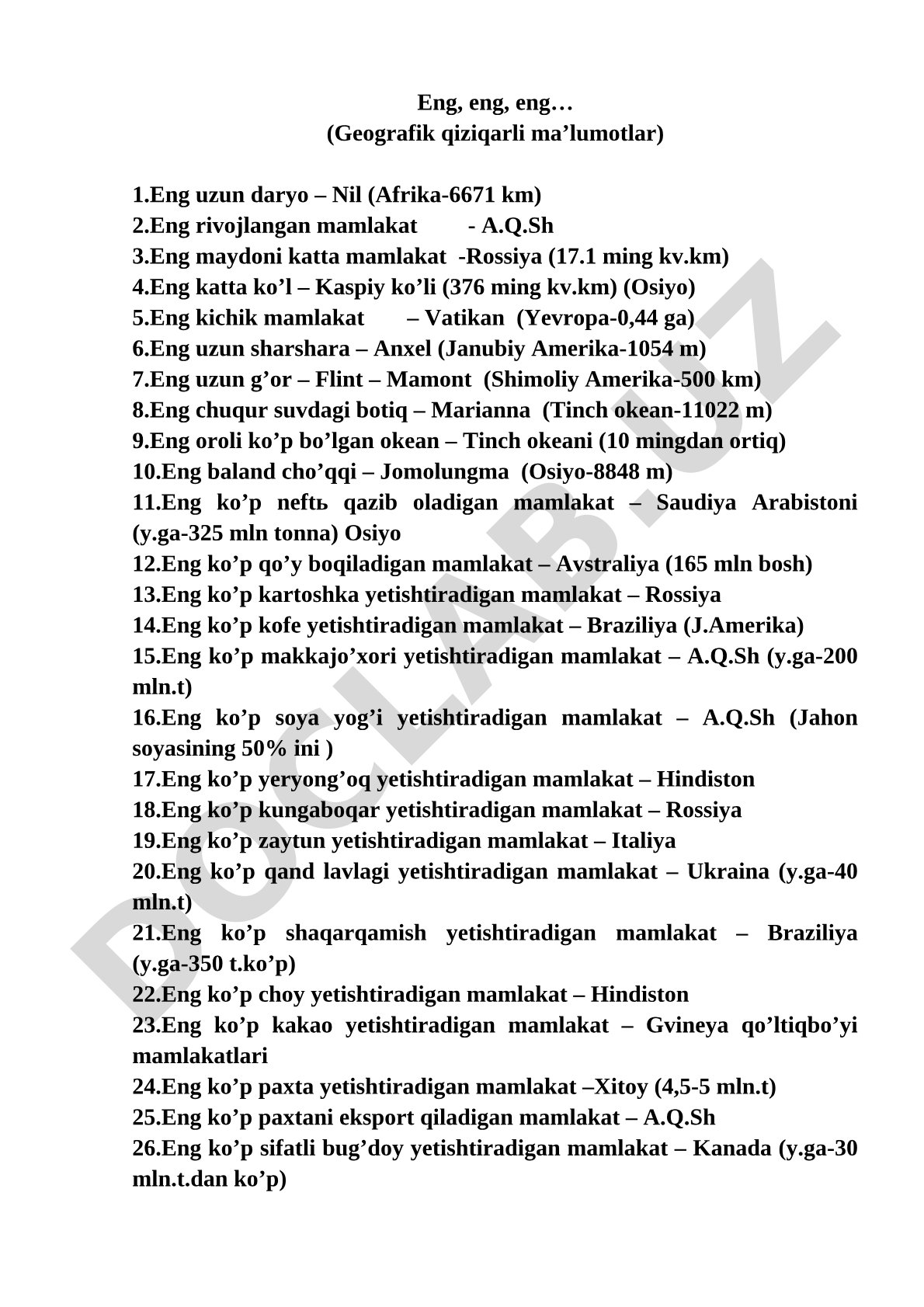 Eng, eng, eng… (Geografik qiziqarli ma’lumotlar)