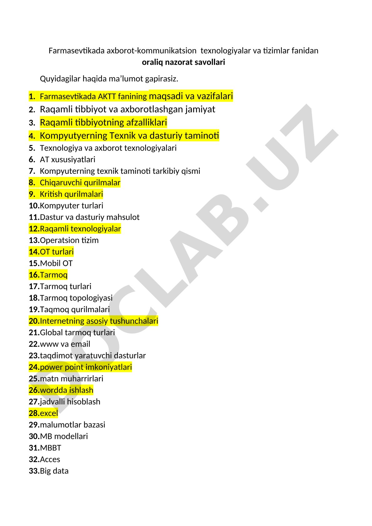 Farmasevtikada axborot-kommunikatsion texnologiyalar va tizimlar fanidan oraliq nazorat savollari