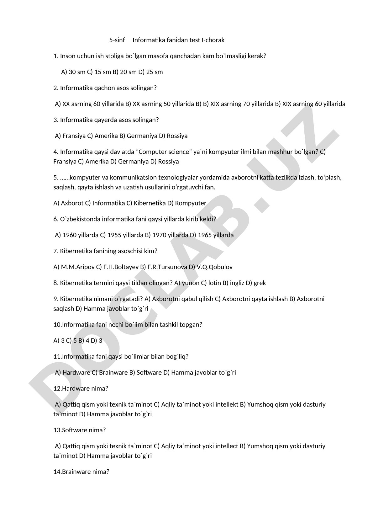 5-sinf Informatika fanidan test I-chorak