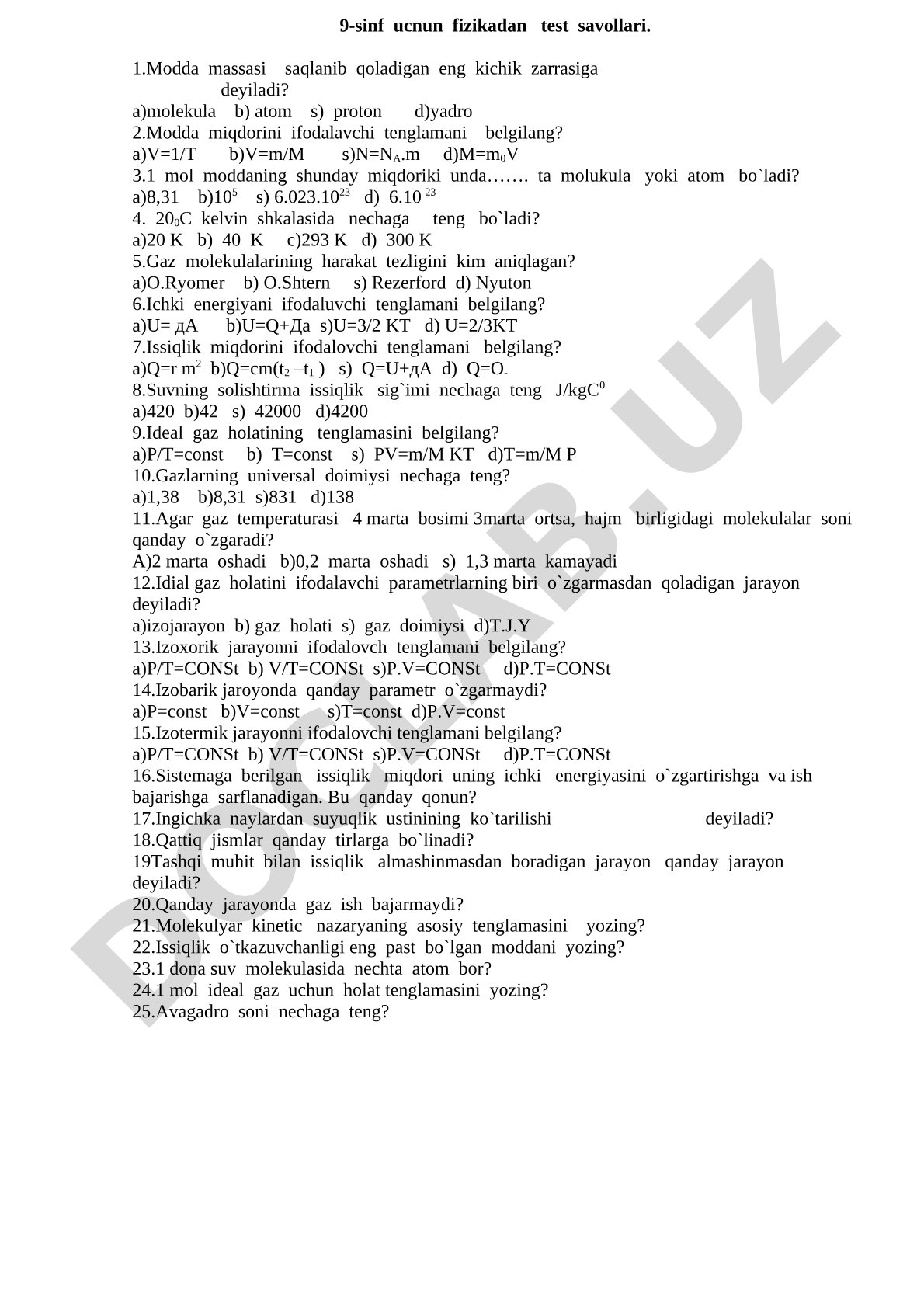9-sinf ucnun fizikadan test savollari