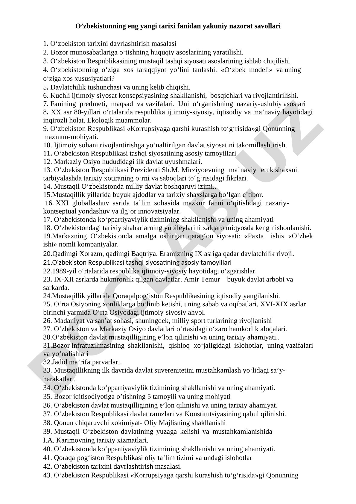 O'zbekistonning eng yangi tarixi fanidan yakuniy nazorat savollari